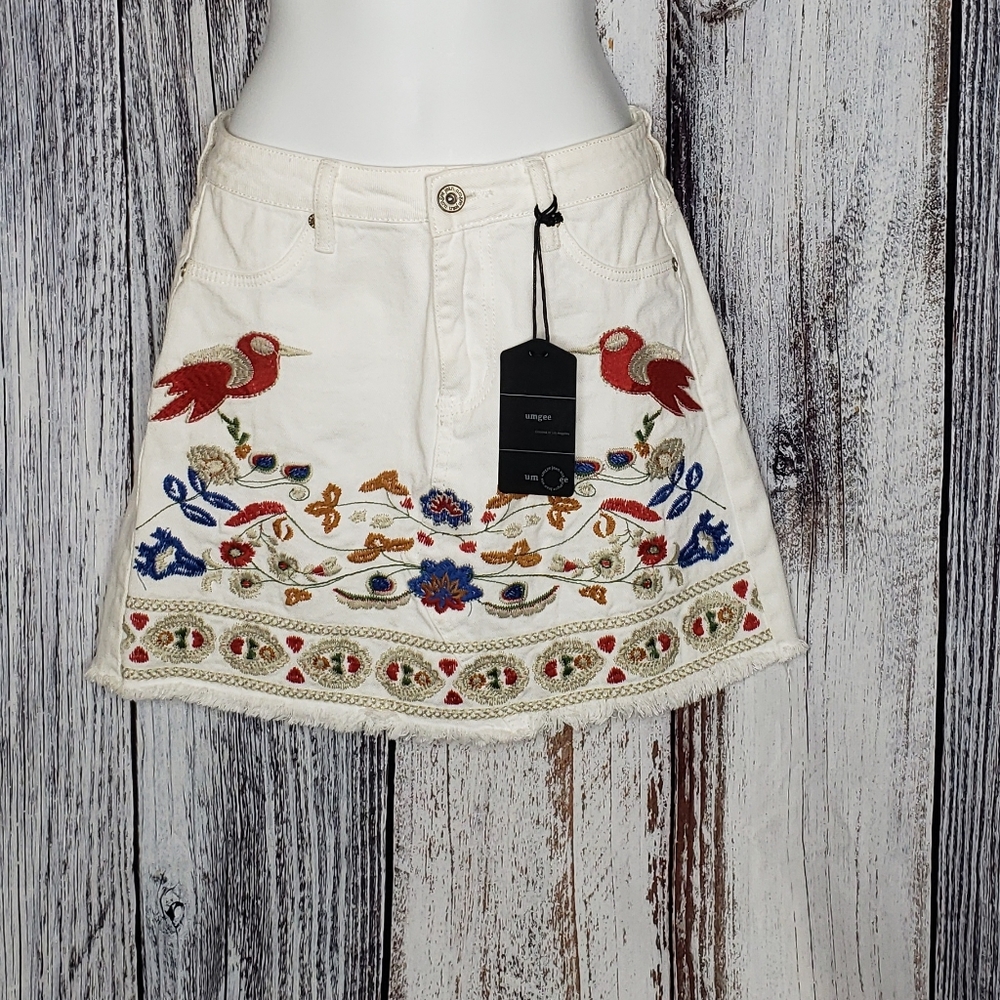 Umgee Birds of a Feather Denim Embroidery Skirt